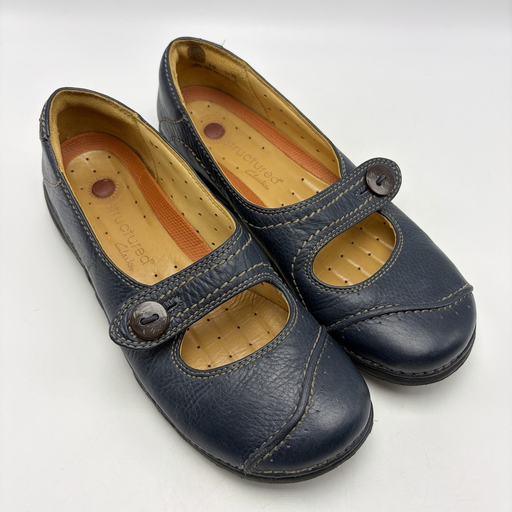 Clarks Artisan Unstructured Mary Jane Shoes Womens 8 M Navy Blue Leather Preppy